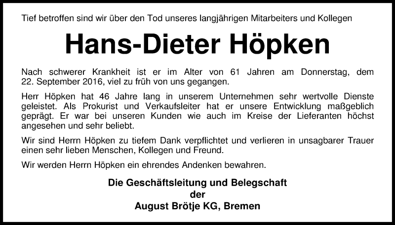  Traueranzeige für Hans-Dieter Höpken vom 24.09.2016 aus Nordwest-Zeitung
