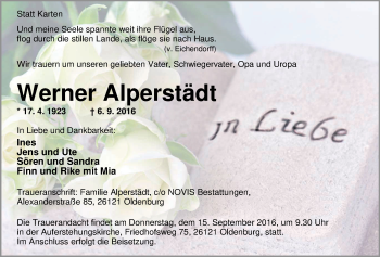 Traueranzeige von Werner Alperstädt von Nordwest-Zeitung
