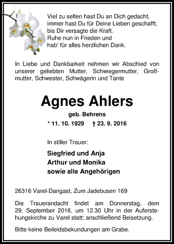 Traueranzeige von Agnes Ahlers von Nordwest-Zeitung
