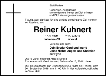 Traueranzeige von Reiner Kuhnert von Nordwest-Zeitung