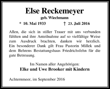 Traueranzeige von Else Reckemeyer von Nordwest-Zeitung