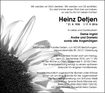 Traueranzeige von Heinz Detjen von Nordwest-Zeitung