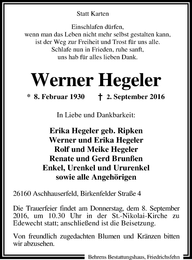  Traueranzeige für Werner Hegeler vom 06.09.2016 aus Nordwest-Zeitung