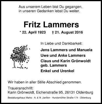 Traueranzeige von Fritz Lammers von Nordwest-Zeitung