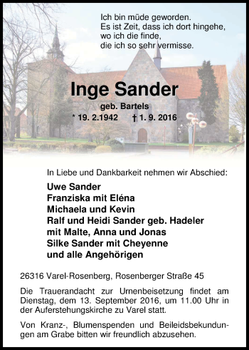 Traueranzeige von Inge Sander von Nordwest-Zeitung