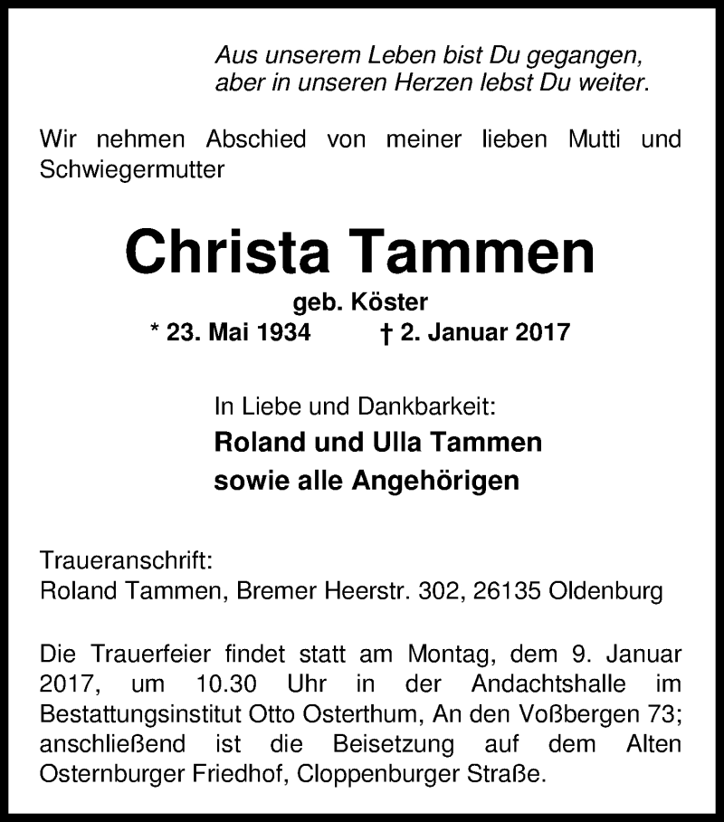  Traueranzeige für Christa Tammen vom 04.01.2017 aus Nordwest-Zeitung