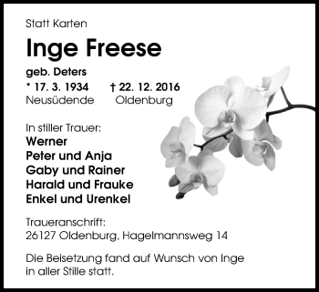 Traueranzeige von Inge Freese von Nordwest-Zeitung