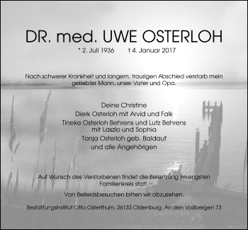 Traueranzeige von Uwe Osterloh von Nordwest-Zeitung