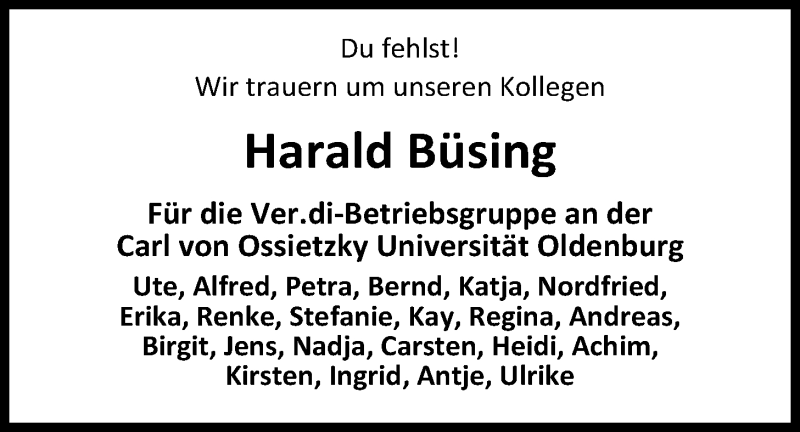  Traueranzeige für Harald Büsing vom 07.01.2017 aus Nordwest-Zeitung