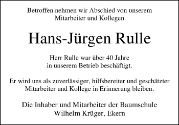 Traueranzeige von Hans-Jürgen Rulle von Nordwest-Zeitung