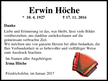 Traueranzeige von Erwin Höche von Nordwest-Zeitung