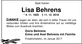 Traueranzeige von Lisa Behrens von Nordwest-Zeitung