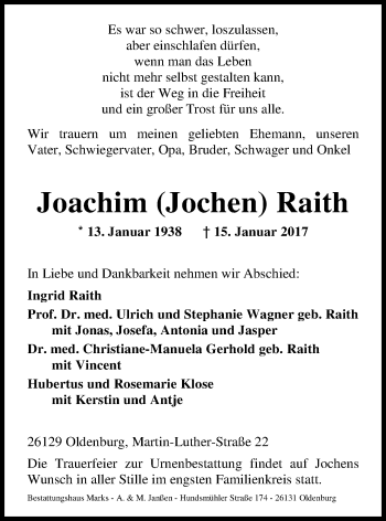 Traueranzeige von Joachim Raith von Nordwest-Zeitung