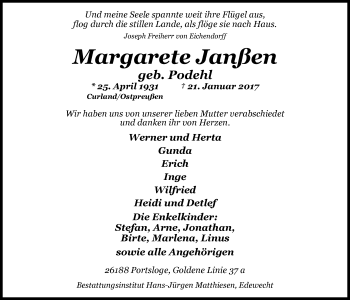 Traueranzeige von Margarete Janßen von Nordwest-Zeitung