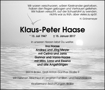 Traueranzeige von Klaus-Peter Haase von Nordwest-Zeitung