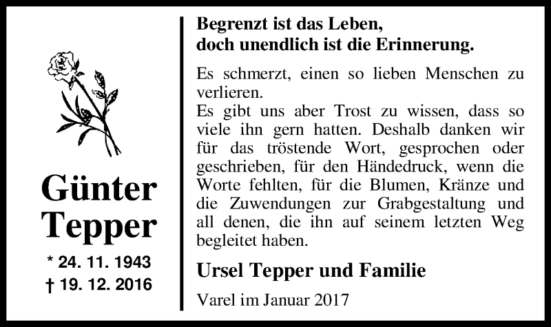  Traueranzeige für Günter Tepper vom 28.01.2017 aus Nordwest-Zeitung