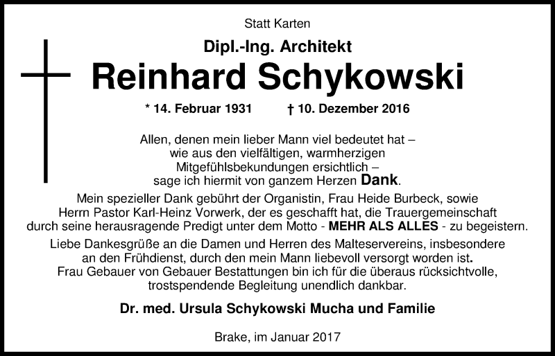  Traueranzeige für Reinhard Schykowski vom 14.01.2017 aus Nordwest-Zeitung