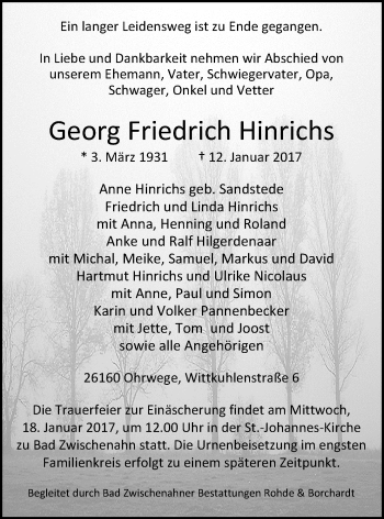 Traueranzeige von Georg Friedrich Hinrichs von Nordwest-Zeitung