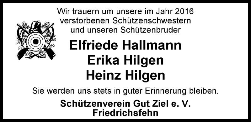  Traueranzeige für Heinz Hilgen vom 09.01.2017 aus Nordwest-Zeitung