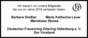Traueranzeige von Marieluise Stoess von Nordwest-Zeitung