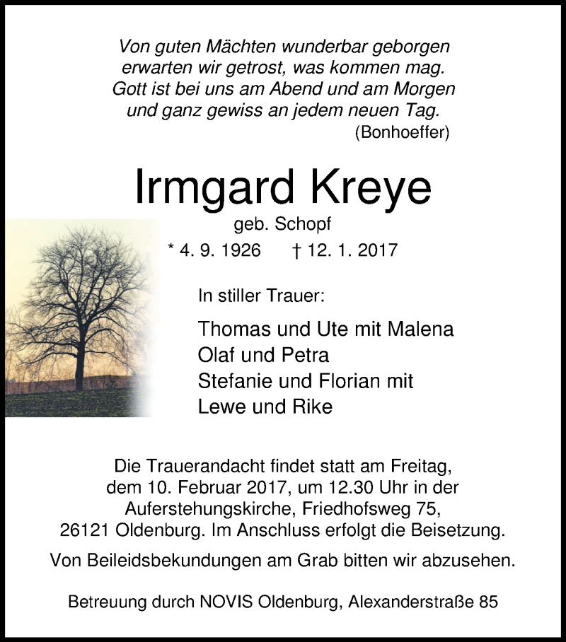  Traueranzeige für Irmgard Kreye vom 28.01.2017 aus Nordwest-Zeitung