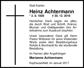 Traueranzeige von Heinz Achtermann von Nordwest-Zeitung