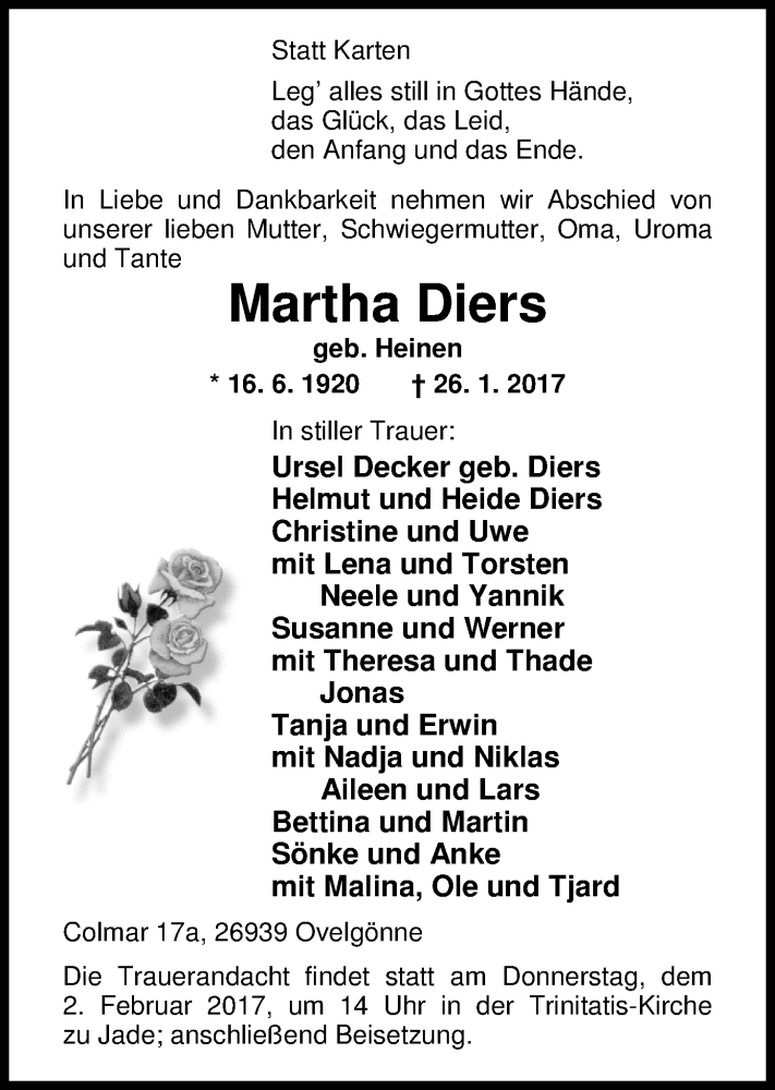  Traueranzeige für Martha Diers vom 28.01.2017 aus Nordwest-Zeitung