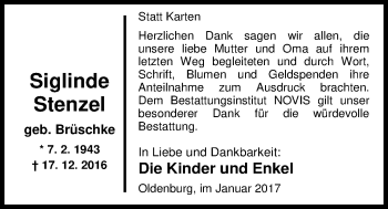 Traueranzeige von Siglinde Stenzel von Nordwest-Zeitung