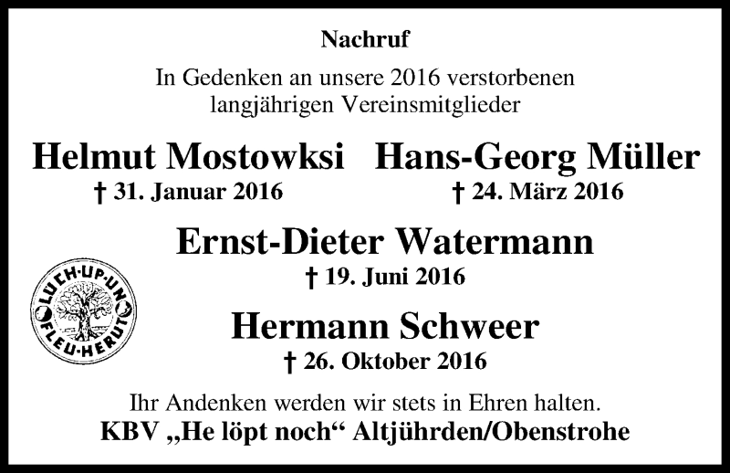  Traueranzeige für Ernst-Dieter Watermann vom 17.01.2017 aus Nordwest-Zeitung