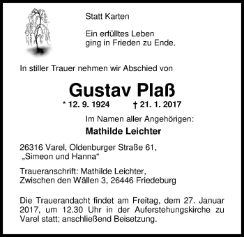 Traueranzeige von Gustav Plaß von Nordwest-Zeitung