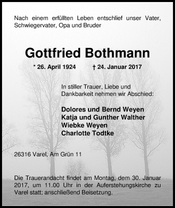 Traueranzeige von Gottfried Bothmann von Nordwest-Zeitung