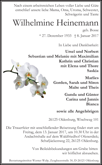 Traueranzeige von Wilhelmine Heinemann von Nordwest-Zeitung