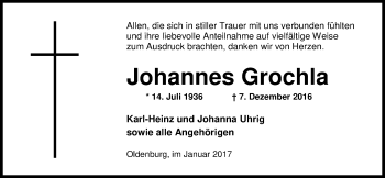 Traueranzeige von Johannes Grochla von Nordwest-Zeitung