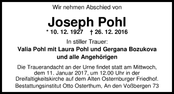Traueranzeige von Joseph Pohl von Nordwest-Zeitung