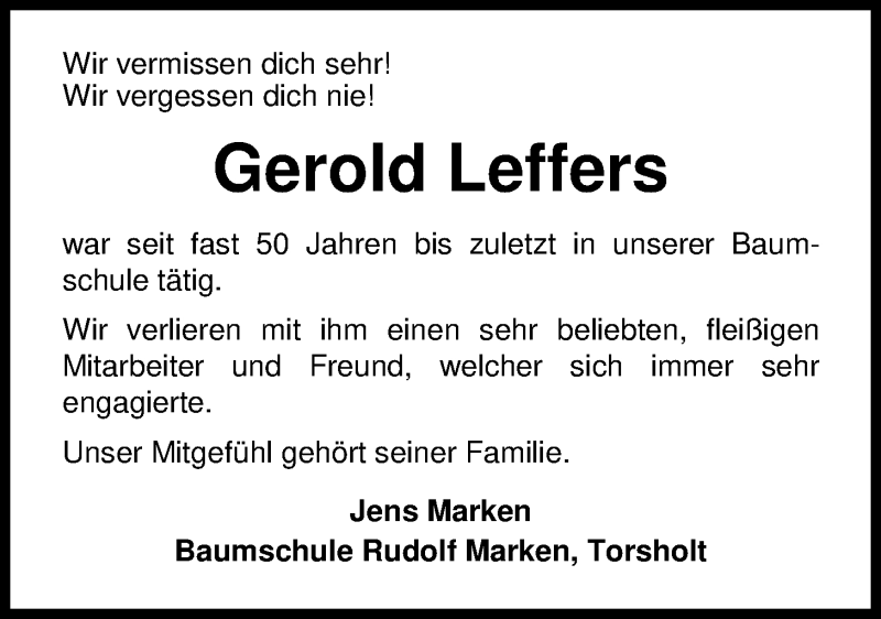 Traueranzeige für Gerold Leffers vom 24.01.2017 aus Nordwest-Zeitung