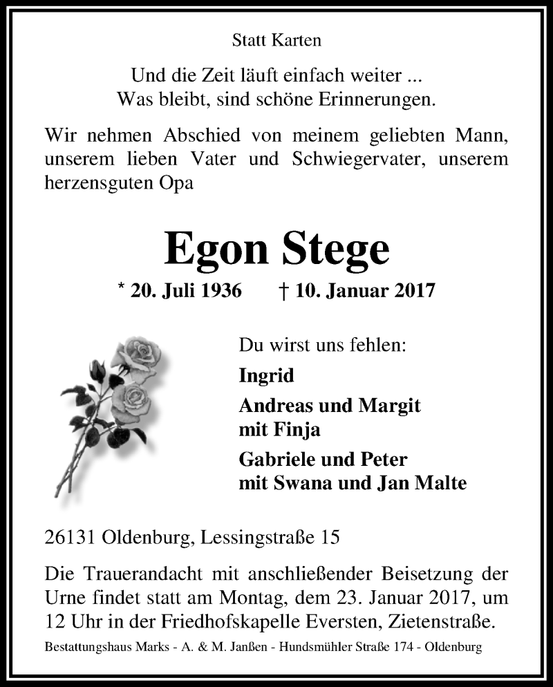  Traueranzeige für Egon Stege vom 14.01.2017 aus Nordwest-Zeitung