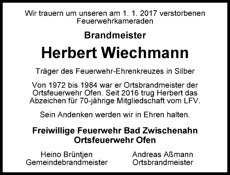  Traueranzeige für Herbert Wiechmann vom 04.01.2017 aus Nordwest-Zeitung