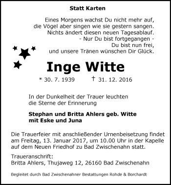 Traueranzeige von Inge Witte von Nordwest-Zeitung