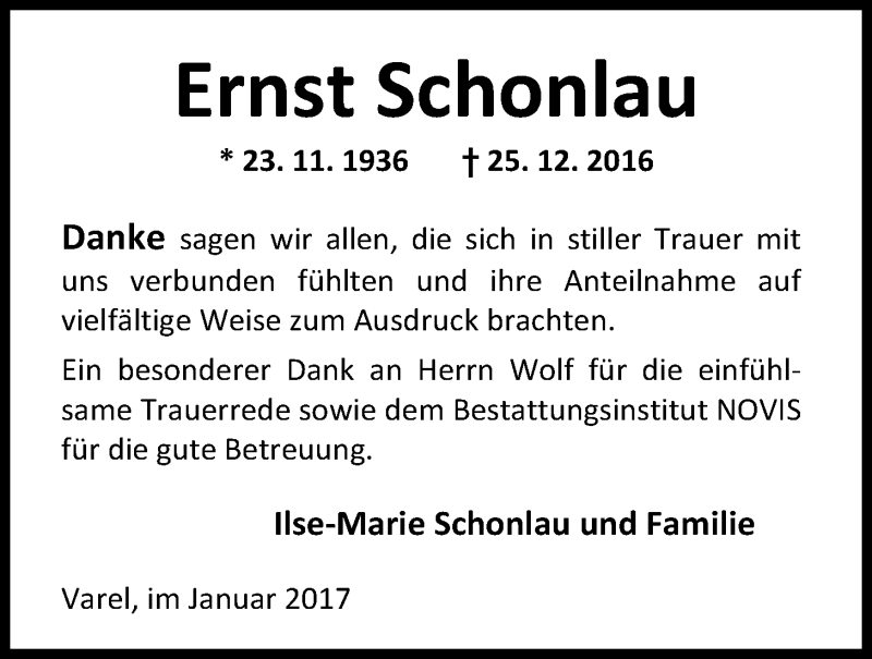 Traueranzeige für Ernst Schonlau vom 21.01.2017 aus Nordwest-Zeitung