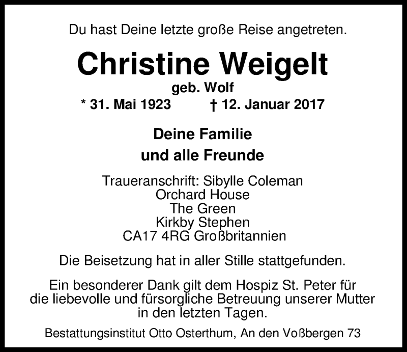  Traueranzeige für Christine Weigelt vom 18.01.2017 aus Nordwest-Zeitung