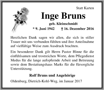 Traueranzeige von Inge Bruns von Nordwest-Zeitung