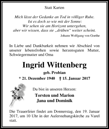 Traueranzeige von Ingrid Wittenberg von Nordwest-Zeitung