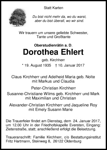 Traueranzeige von Dorothea Ehlert von Nordwest-Zeitung
