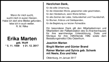 Traueranzeige von Erika Marten von Nordwest-Zeitung