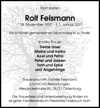 Traueranzeige von Rolf Felsmann von Nordwest-Zeitung