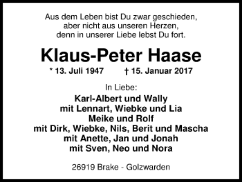 Traueranzeige von Klaus-Peter Haase von Nordwest-Zeitung