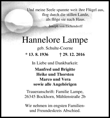 Traueranzeige von Hannelore Lampe von Nordwest-Zeitung
