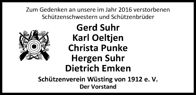  Traueranzeige für Karl Oeltjen vom 07.01.2017 aus Nordwest-Zeitung