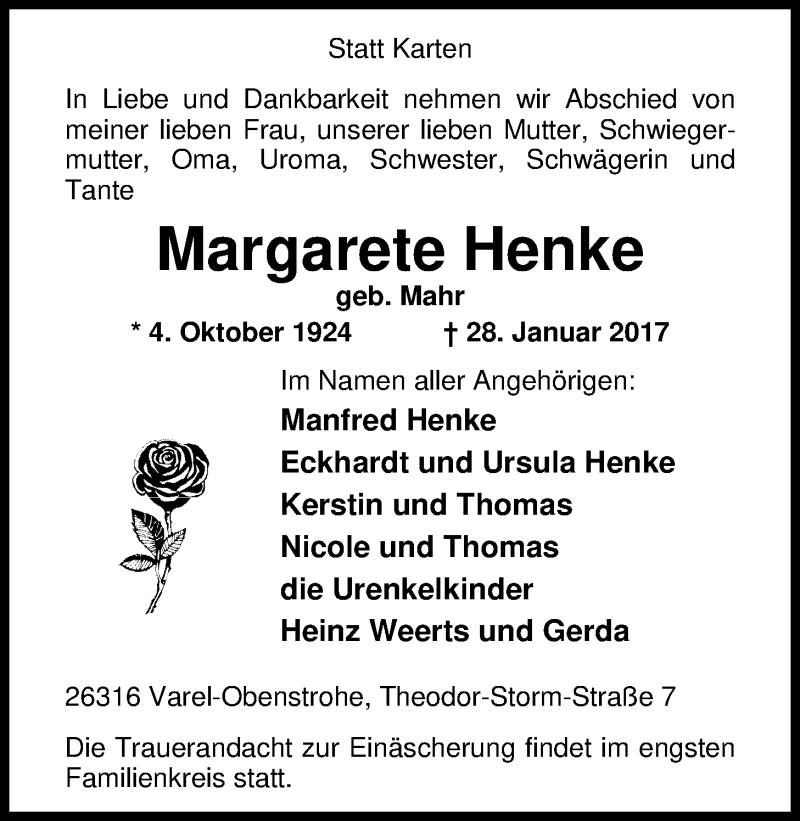  Traueranzeige für Margarete Henke vom 31.01.2017 aus Nordwest-Zeitung