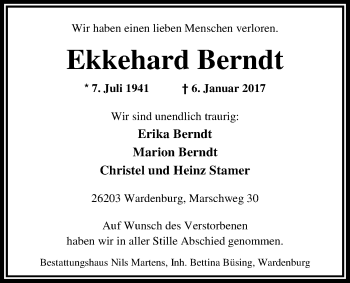 Traueranzeige von Ekkehard Berndt von Nordwest-Zeitung